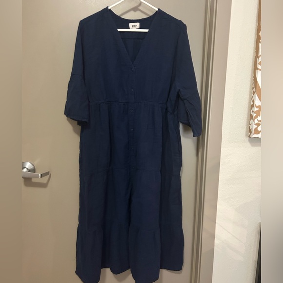 Pact Organic Cotton Gauzy Tiered Midi Dress Navy Blue XL Flutter Bell Sleeves - Picture 2 of 4